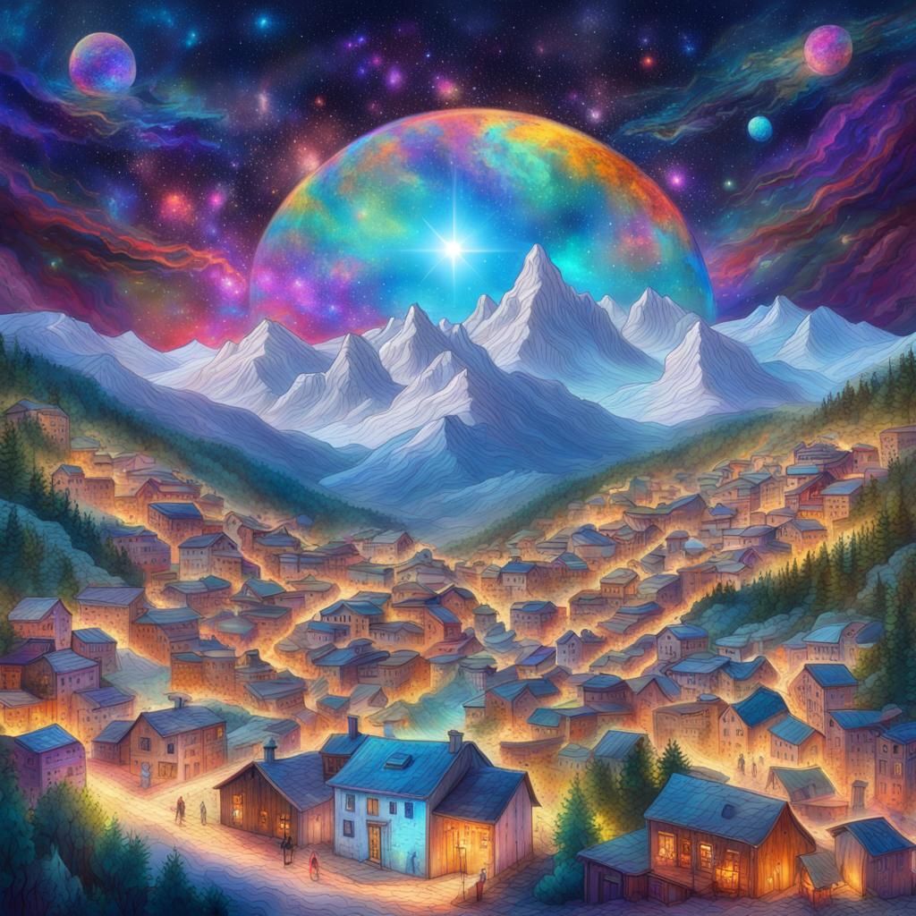 Pyrenees Mountain Town: Holographic Cosmic Illustration