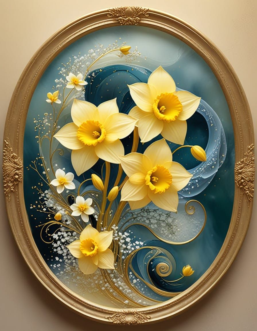 Delicate Yellow Narcissus Flowers in Oval Gold Frame