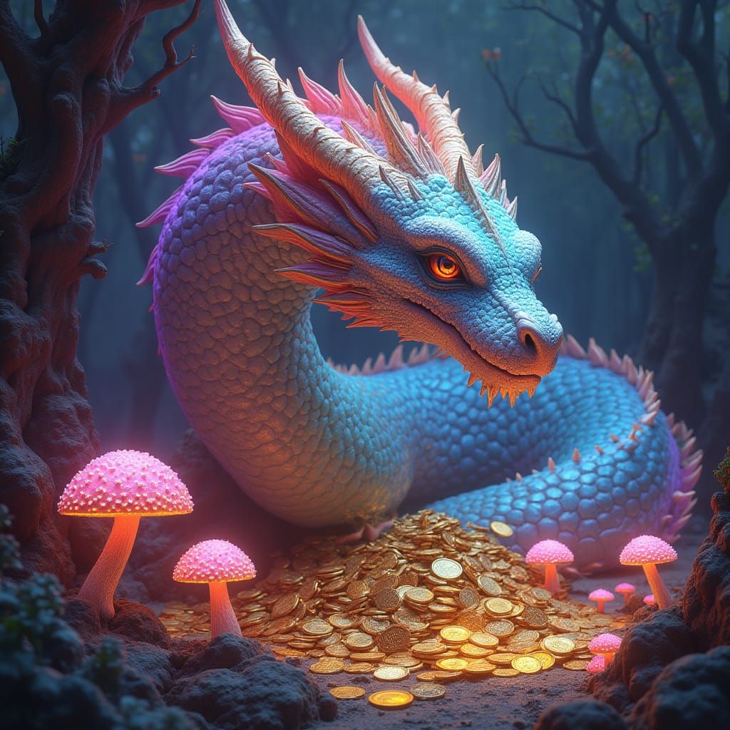 Majestic Dragon Hoarding Treasure in Bioluminescent Cave