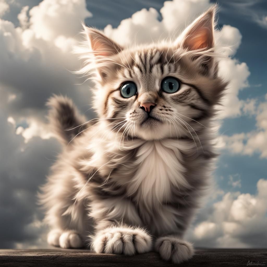 Winged Kitten in Clouds: Hyperrealistic 64MP Image