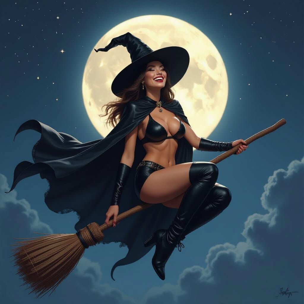 Witch Rides Broom Under Full Moon in Hyperrealism
