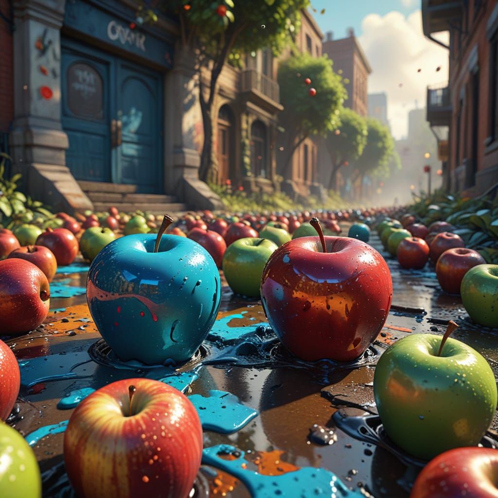 Fantasy Apple Grove Confrontation in Digital Art Style