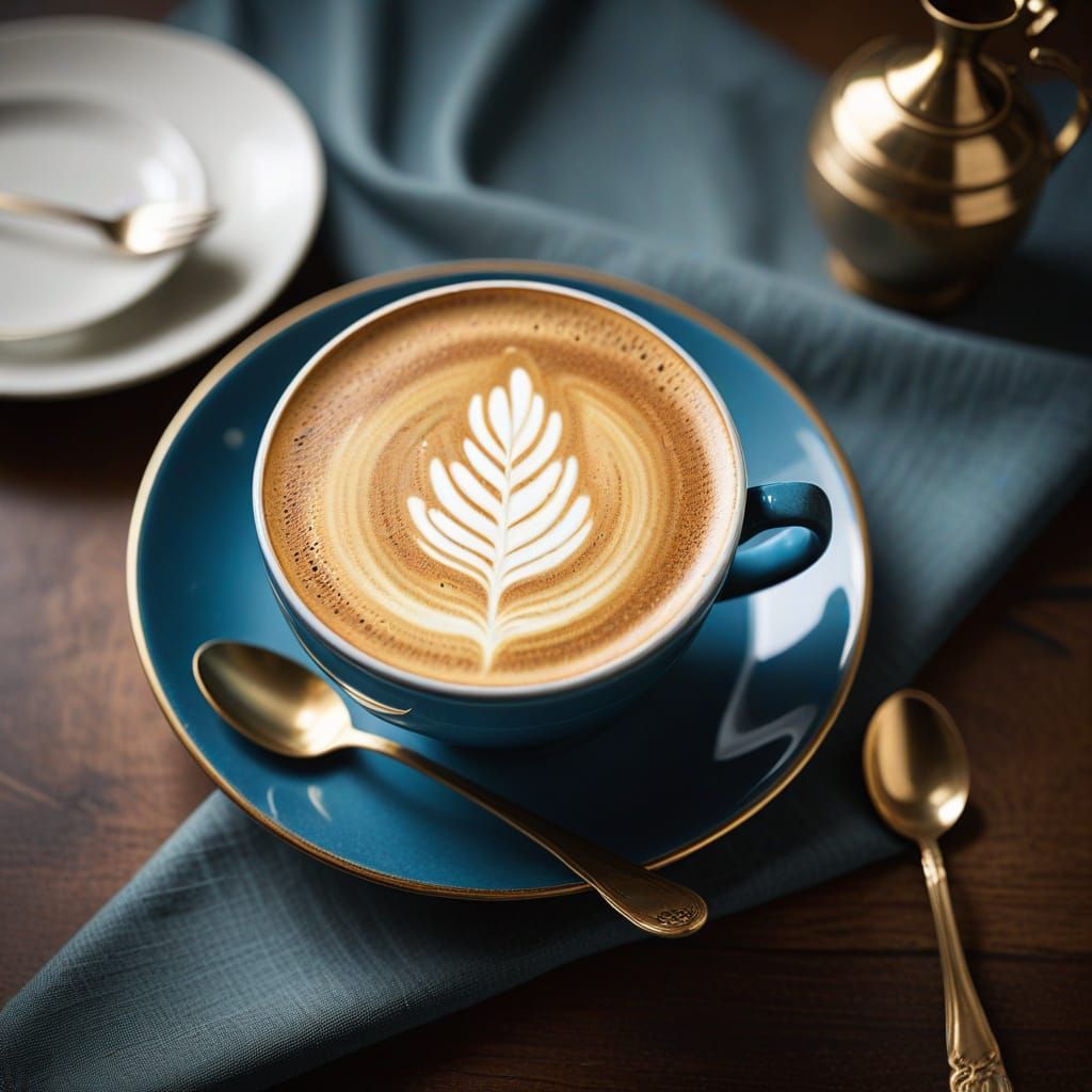 Elegant Latte Art on Vintage Table Setting in Modern Still L...