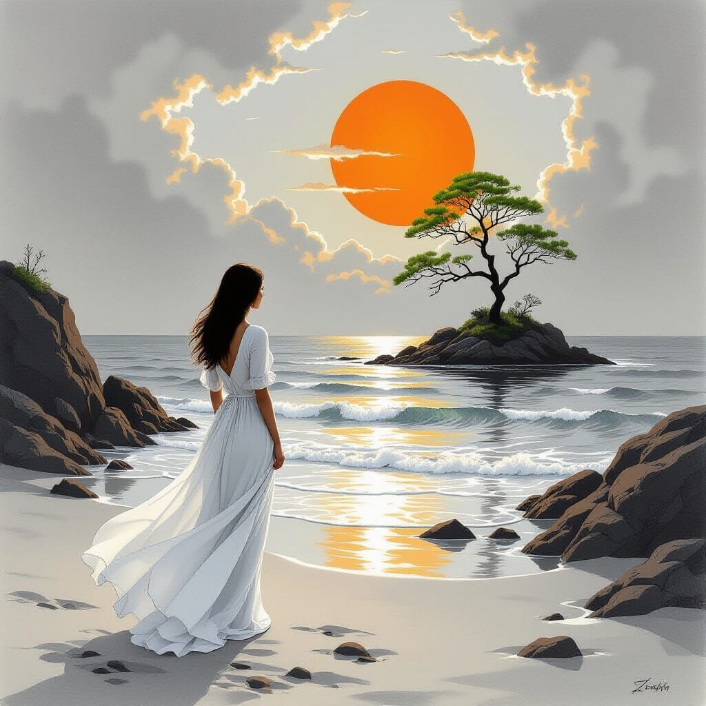 Serene Woman on Beach in Pencil Drawing Style