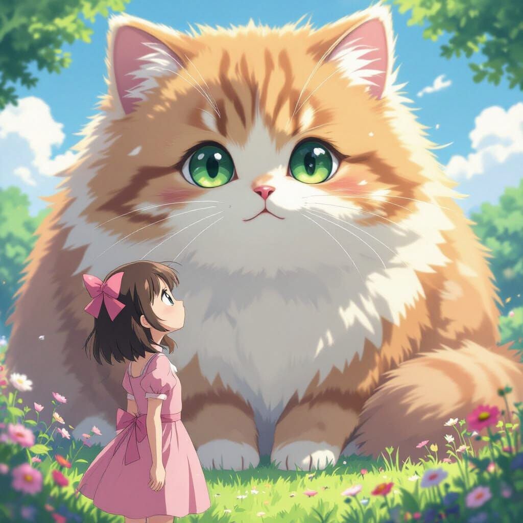 Anime Girl and Giant Kitten in Dreamy Scene
