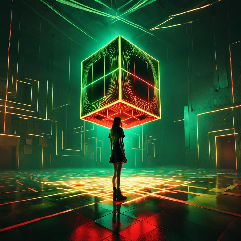 Eerie Cyberpunk Girl in Dystopian Cube Room