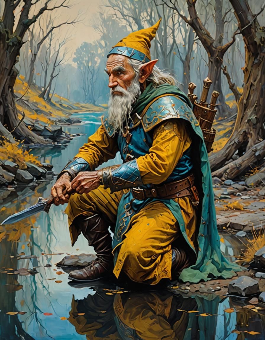 Elf Warrior Reflecting, Abstract Oil Painting