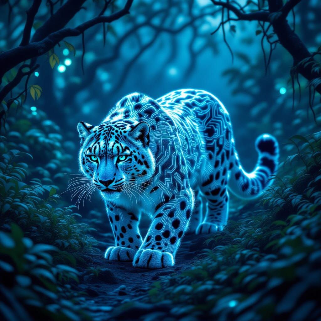 Cybernetic Snow Leopard in Alien Jungle