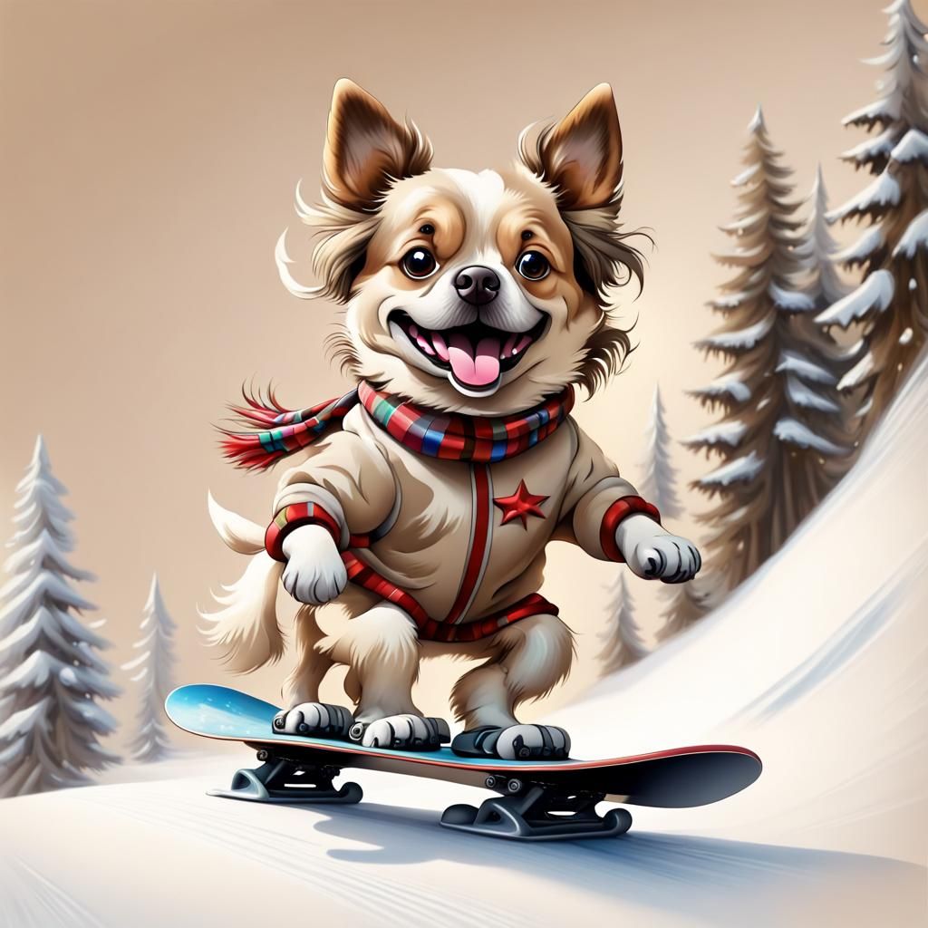 Dog Snowboarding in Cartoonish 3D Oil Painting