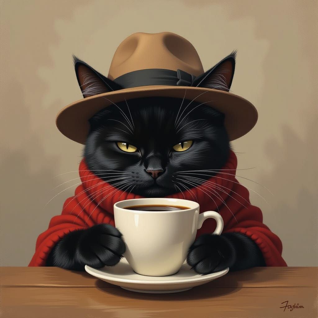 Sleepy Black Cat Sips Coffee in Fine Art Painting