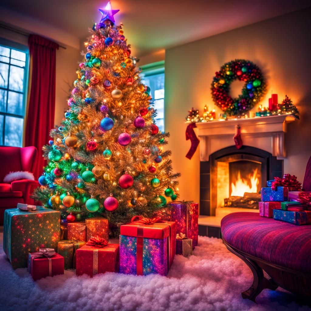 Psychedelic Christmas Tree with Gifts and Snow