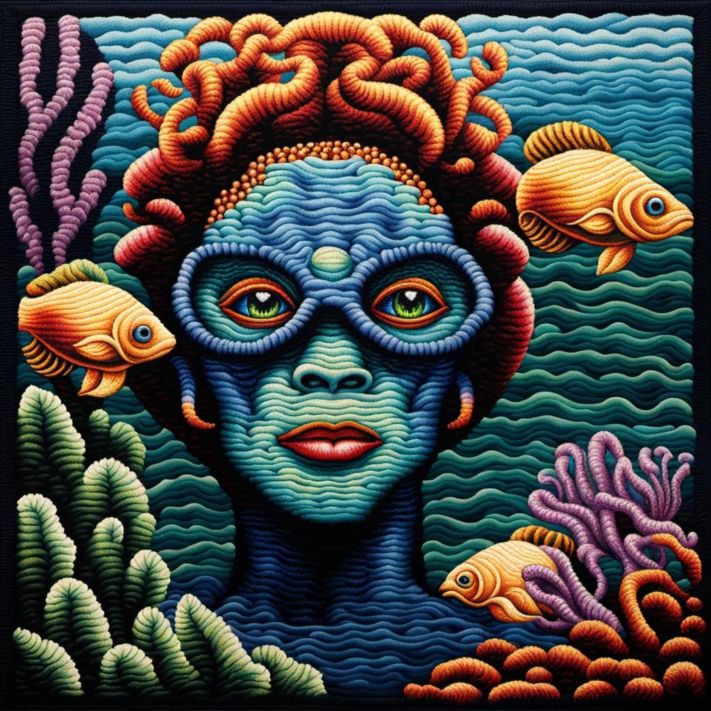 Alien Portrait in Bejeweled Underwater Needlepoint