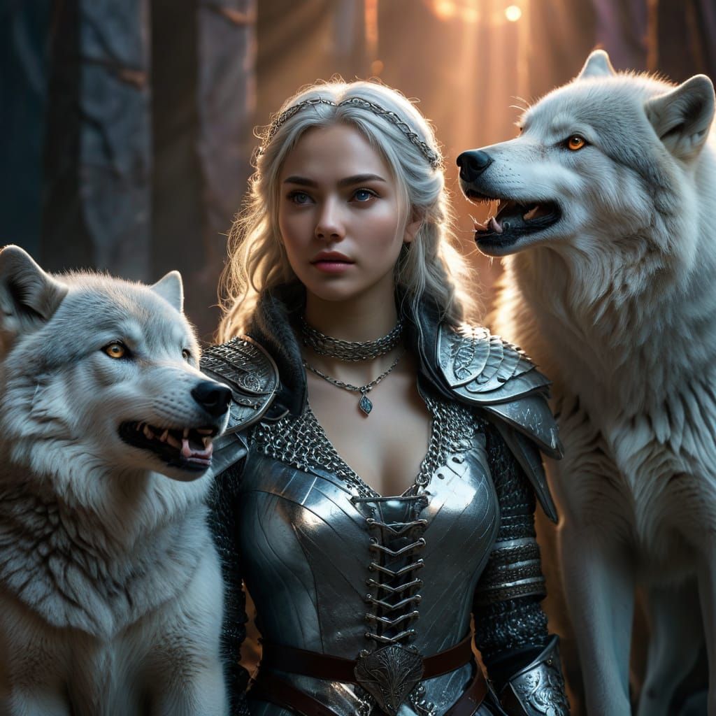 Woman in Chain Mail Holds Arctic Wolves at Bay - Hyperrealis...