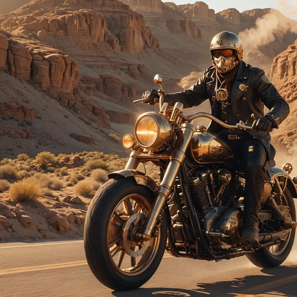 Steampunk Motorcycle on Desert Highway at Sunset