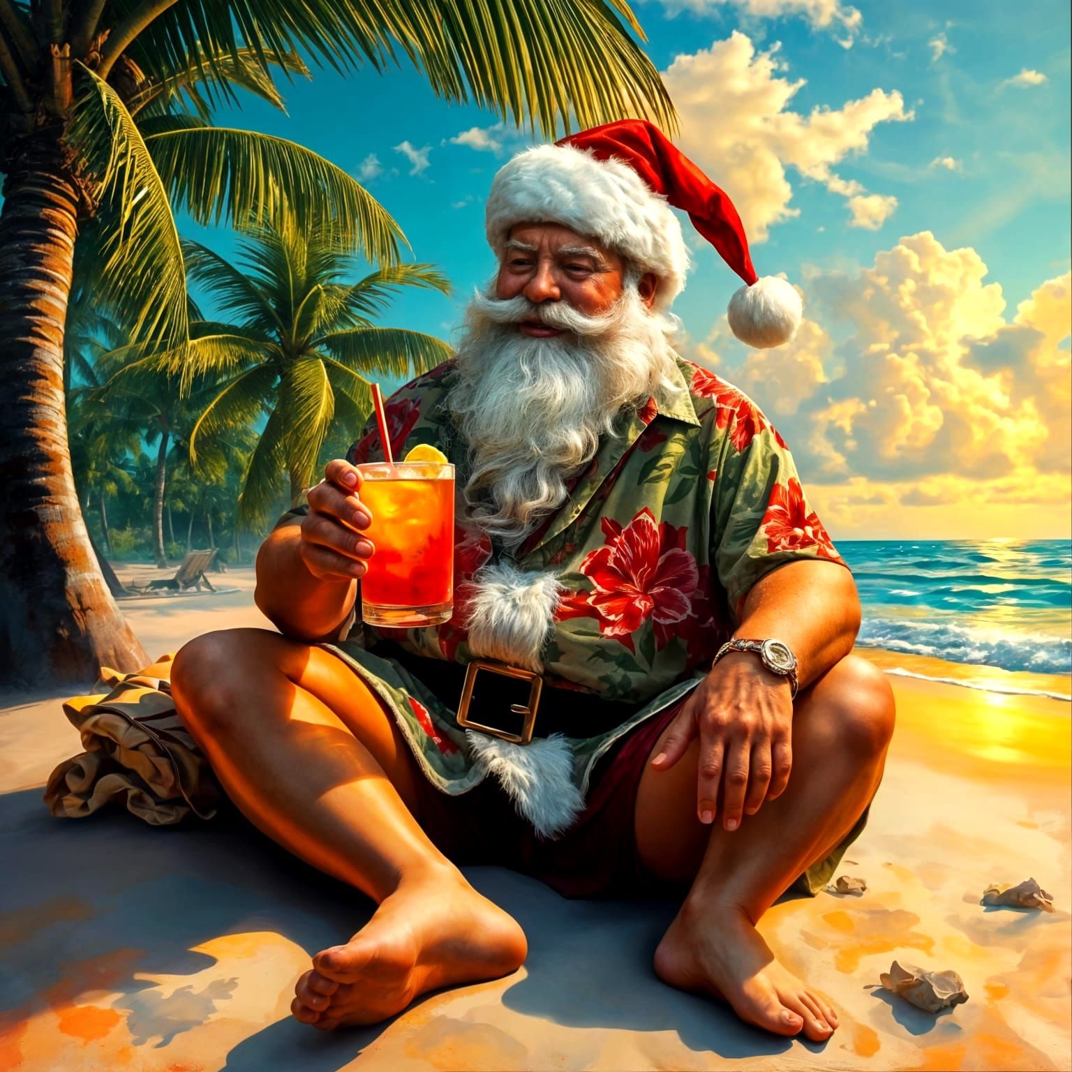 Relaxed Santa on a Tropical Paradise Beach
