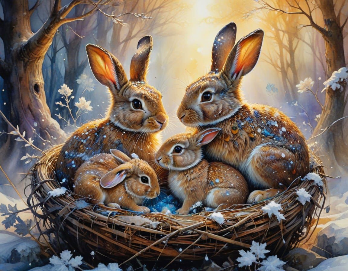 Bunny Family in Snowy Nest, Watercolor Painting