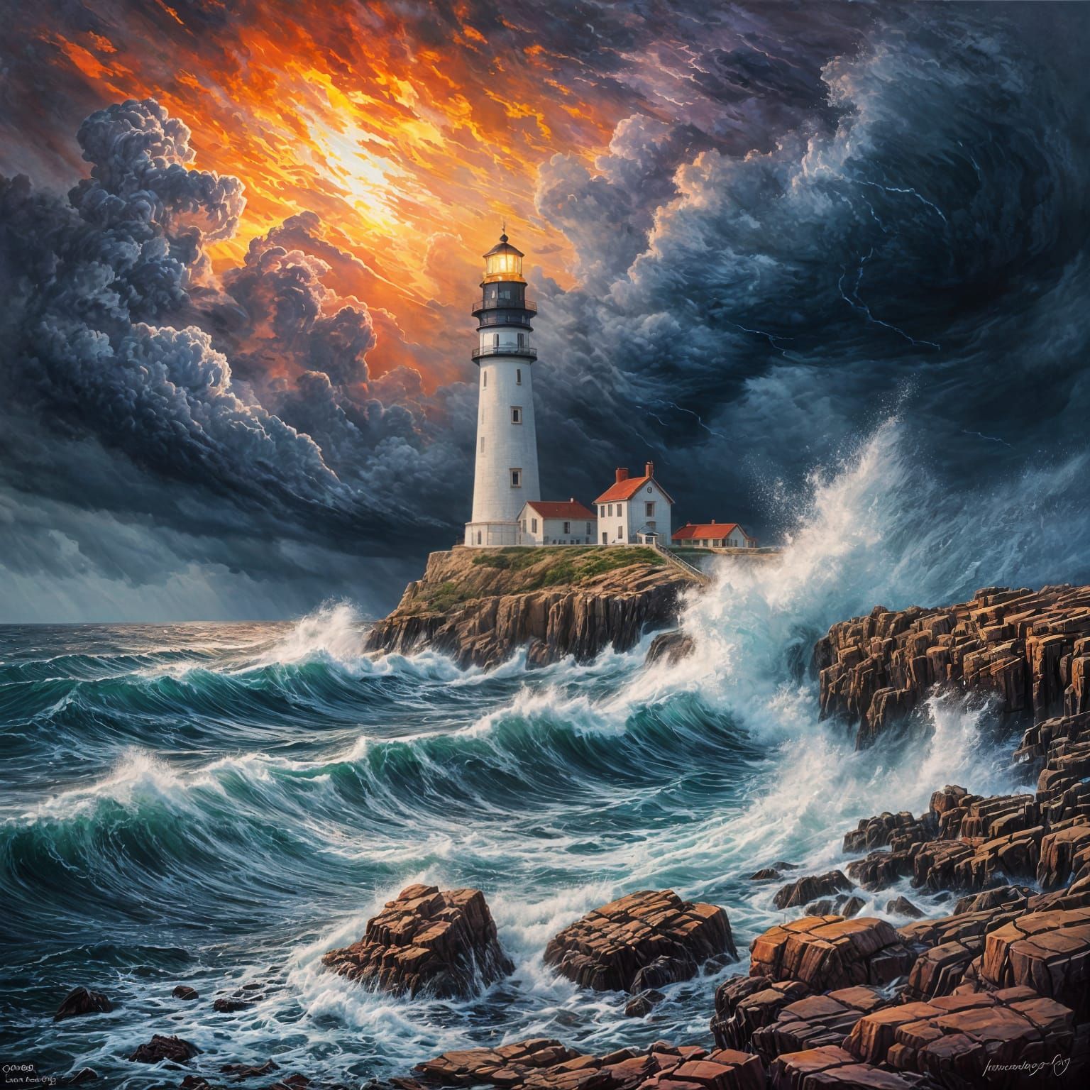 Dramatic Sunset Over Stormy Ocean as Oil Painting