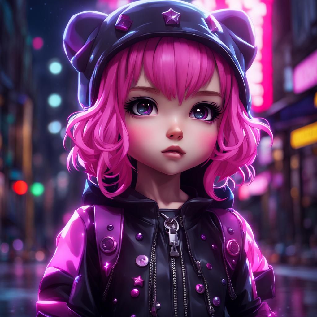 Anime Goth Punk Chibi Girl in Aetherpunk Style