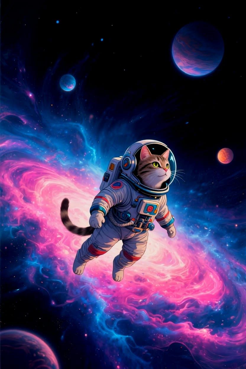 Astronaut Cat Floating in Cosmic Surrealism Space