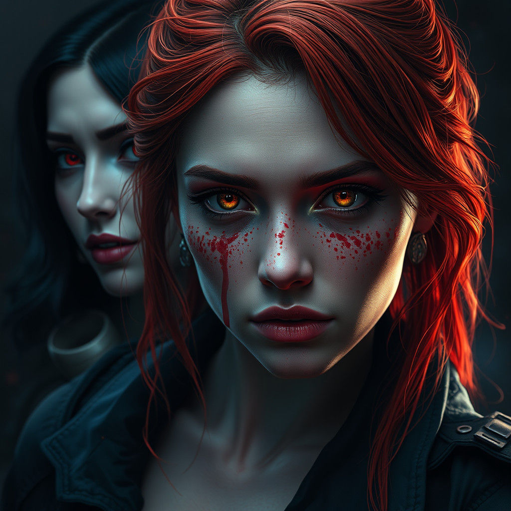 Fiery-Haired Woman's Bloody Magic in Dark Fantasy Style
