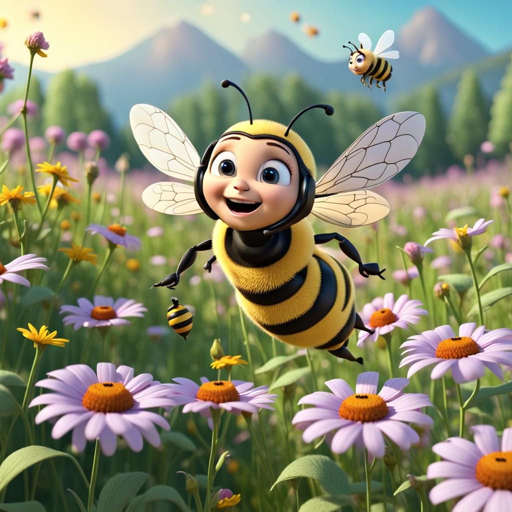 Cute Bee Movie 3D Carton characters and bee Maya fly over the flowery meadow.