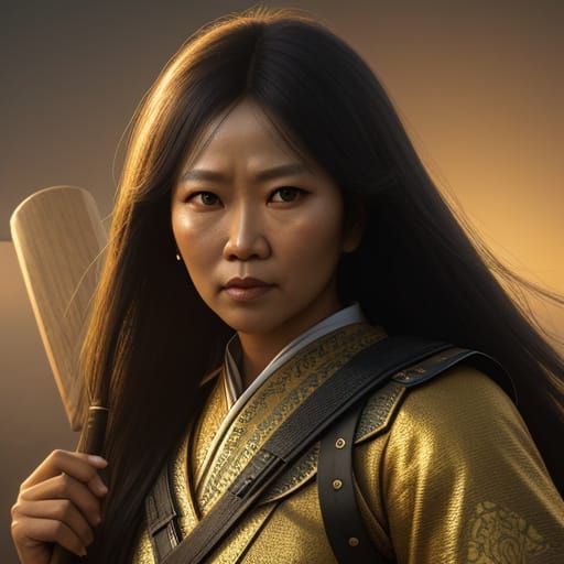 Indonesian Grandmother with Cricket Bat in Golden Hour Light...