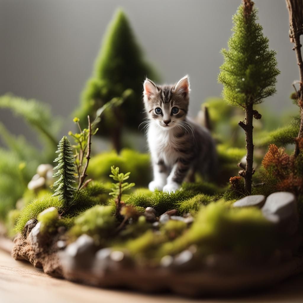 Miniature Forest Scene with Kitten