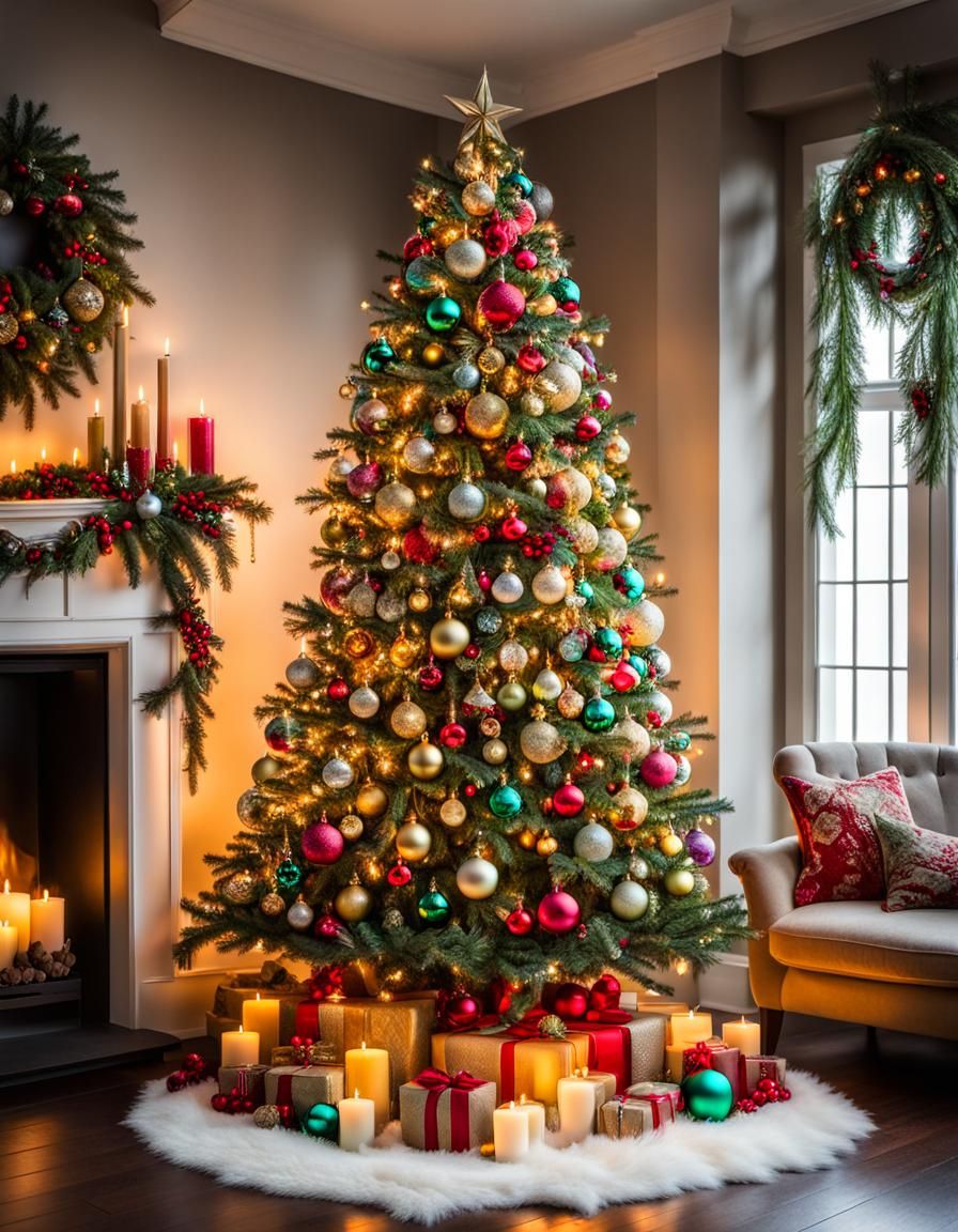 Colorful Christmas Tree with Candles and Glass Balls