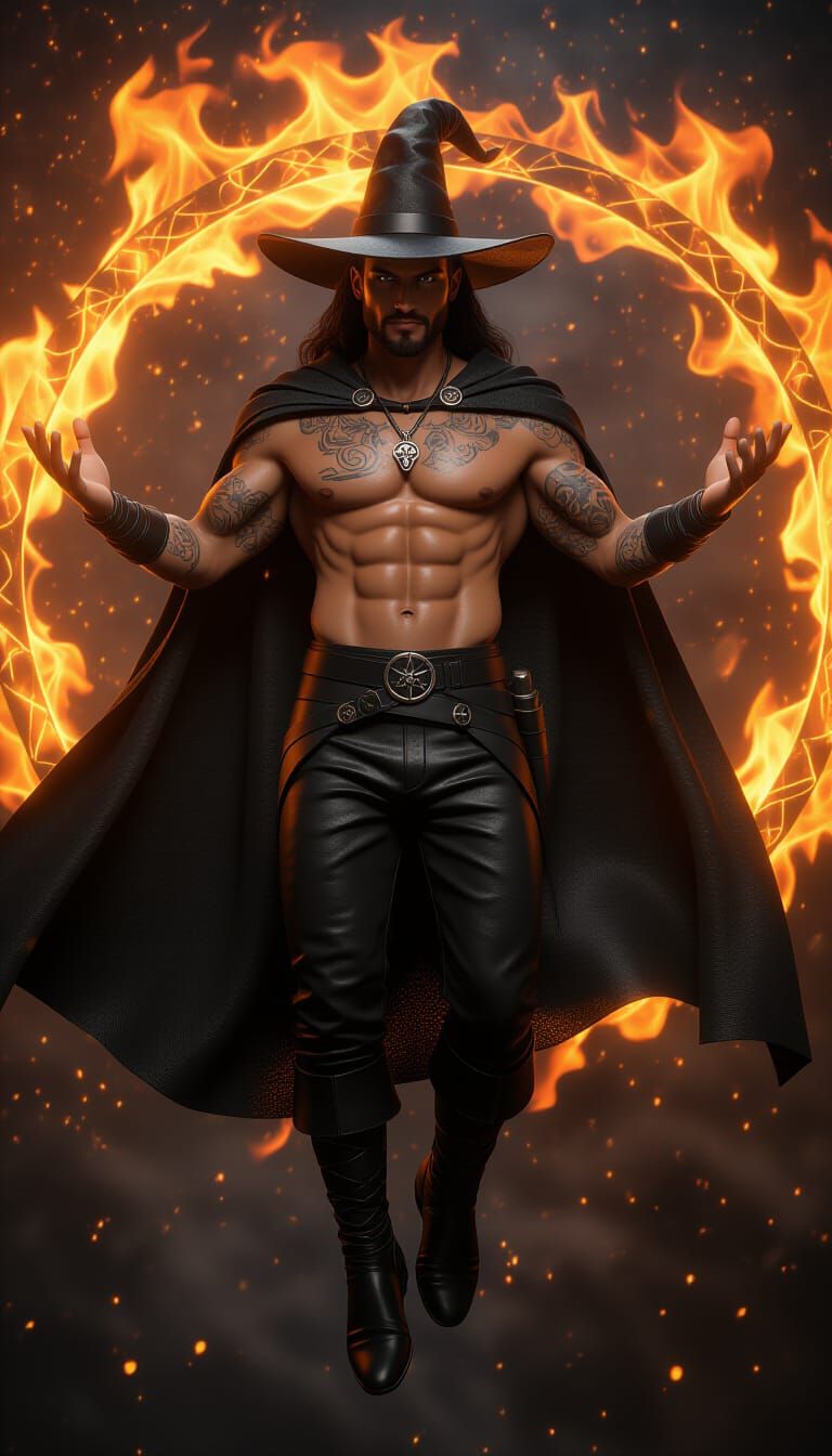 Muscular Male Witch Conjures Fiery Cyclone