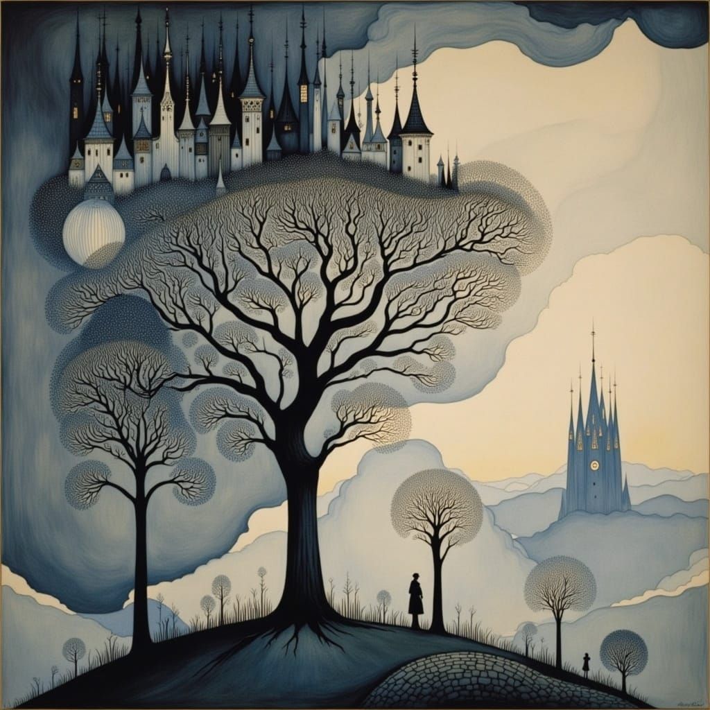 Whimsical Forest Scene in Intricate Blue Ink Drawing