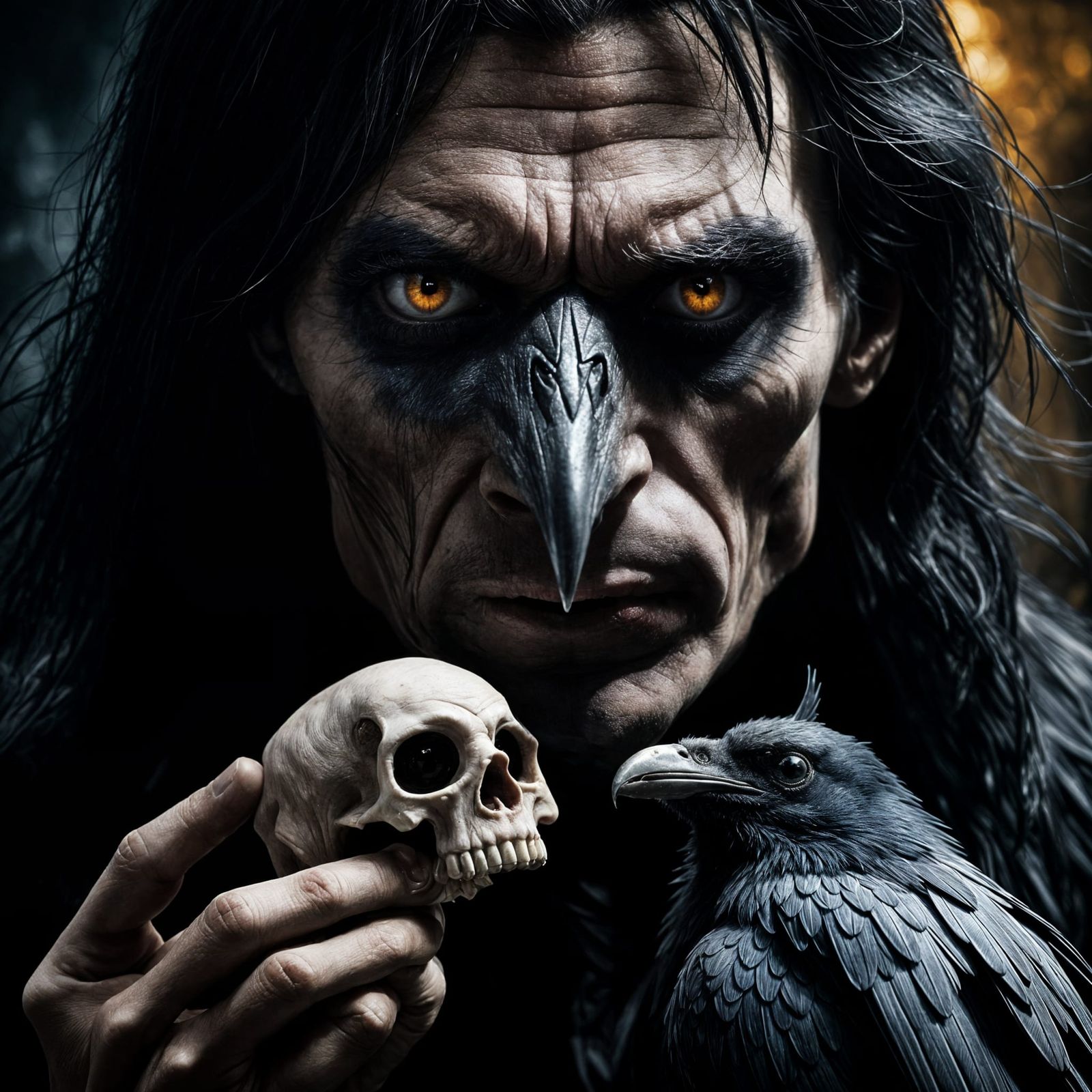 Hyperrealistic Ravenmocker with Human Skull and Raven Featur...