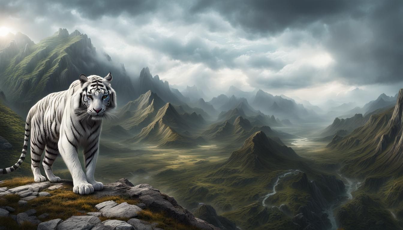 Epic Cinematic White Tiger Humanoid Amidst Majestic Mountain...