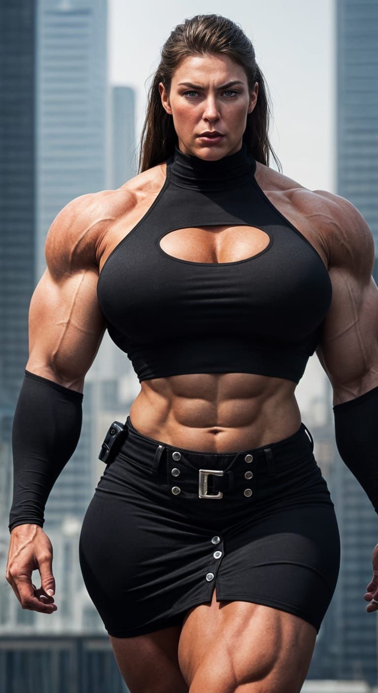HyperMuscular Female Cop in Tight Police Uniform