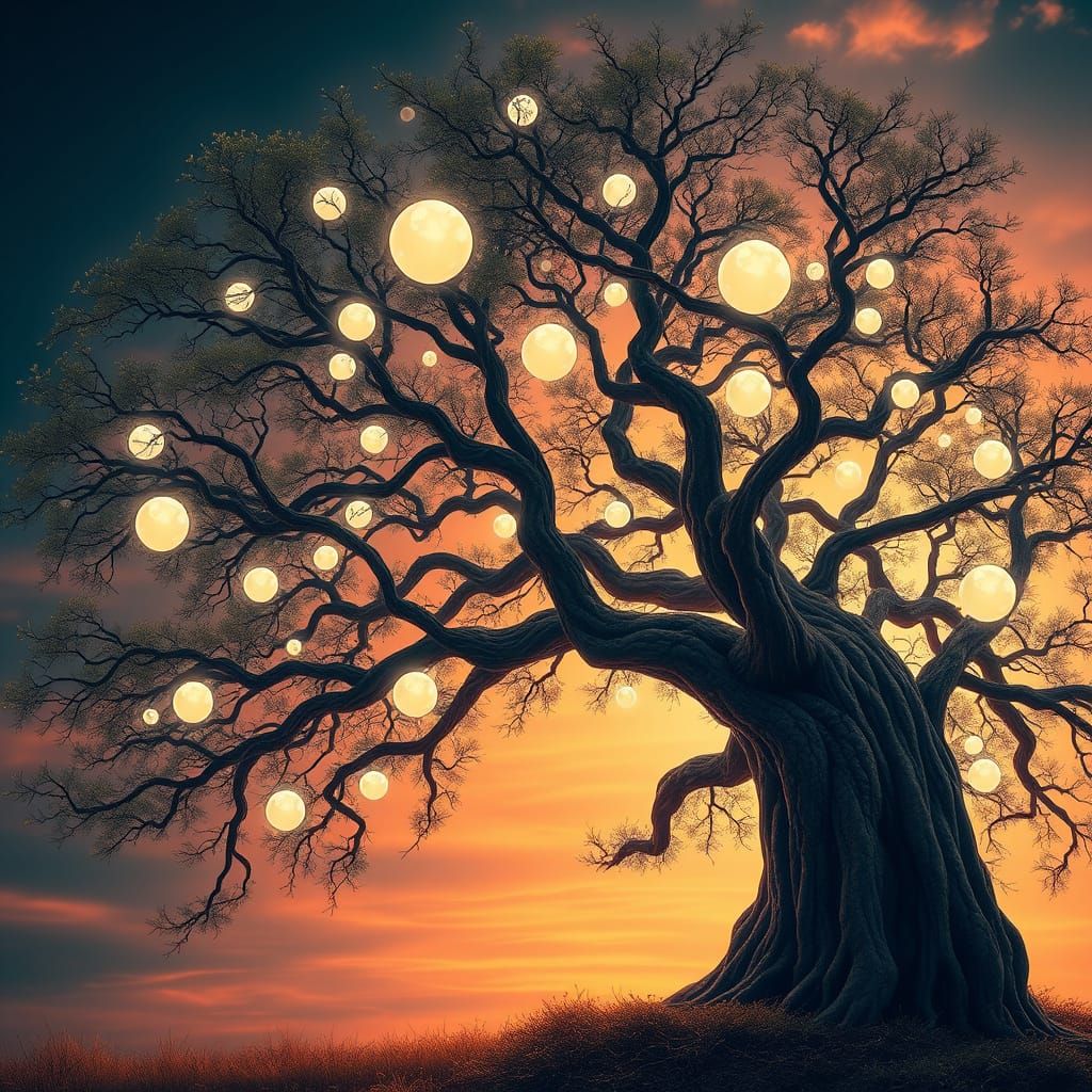 Ethereal Tree of Glowing Orbs Amidst a Dreamy Sunset