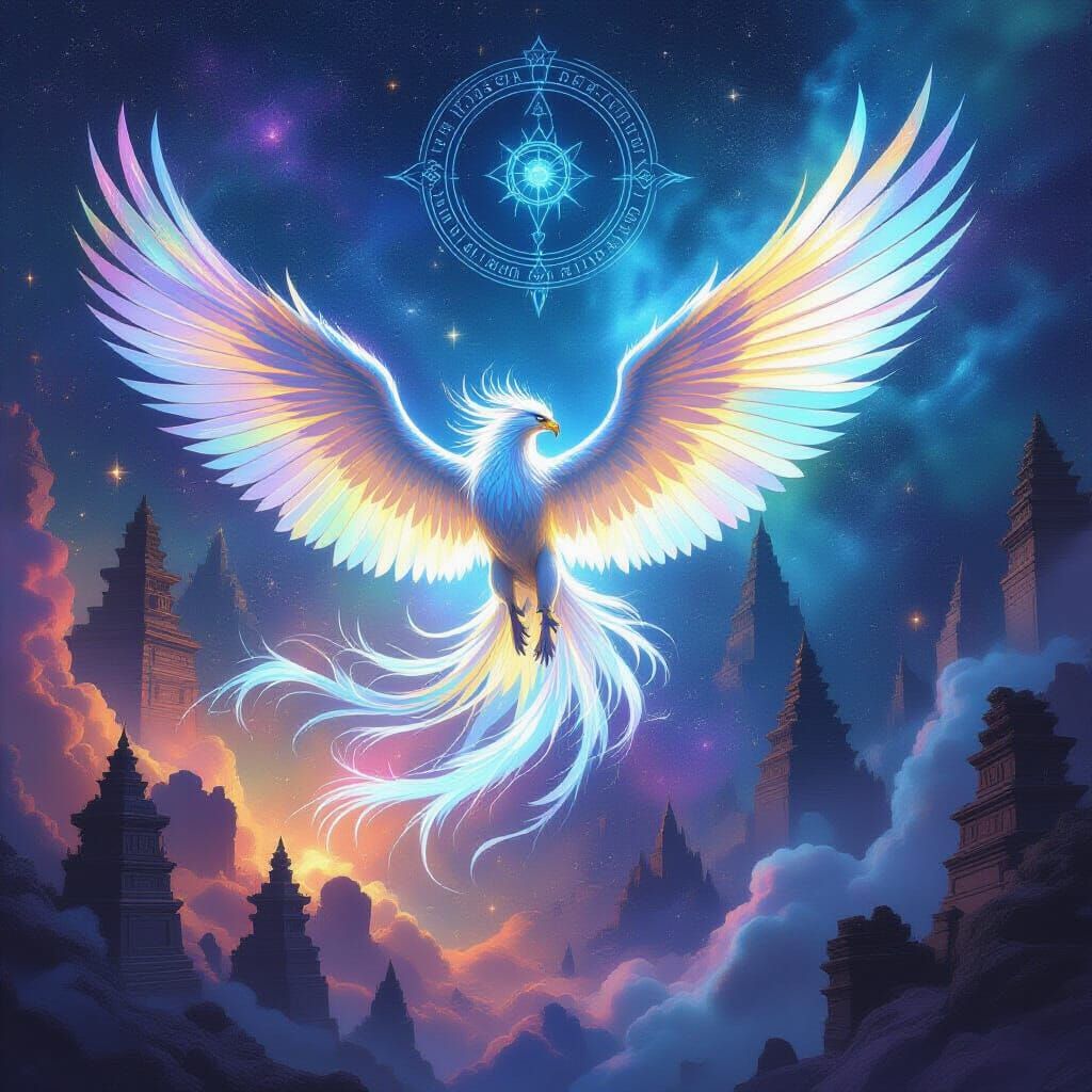 Bioluminescent Griffin Soaring Through Nebula in Fantasy Art