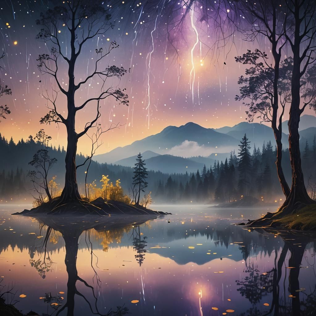 Mystical Forest Reflected in Lake, Edvard Munch Style