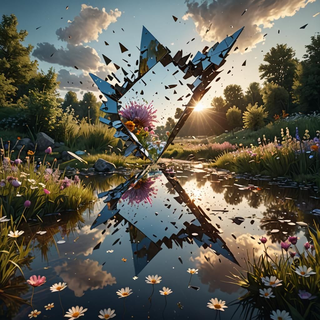 Mirror Shards Reflecting a Creek at Sunrise