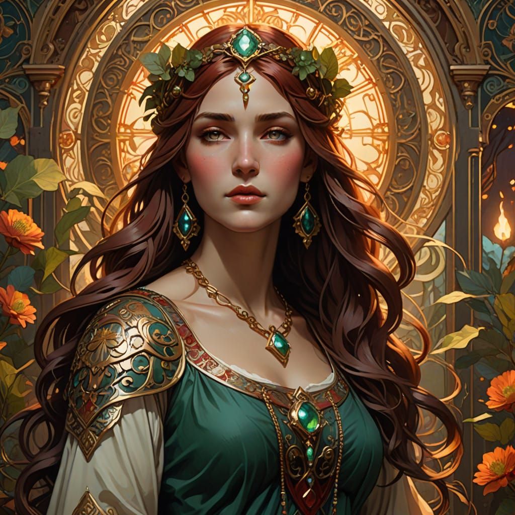 Ancient Roman Priestess in Golden Attire with Emerald Eyes