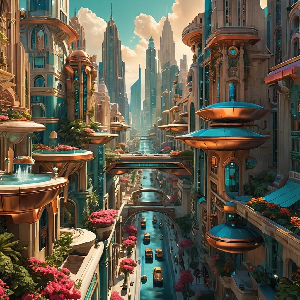 Futuristic Art Deco City at Sunset