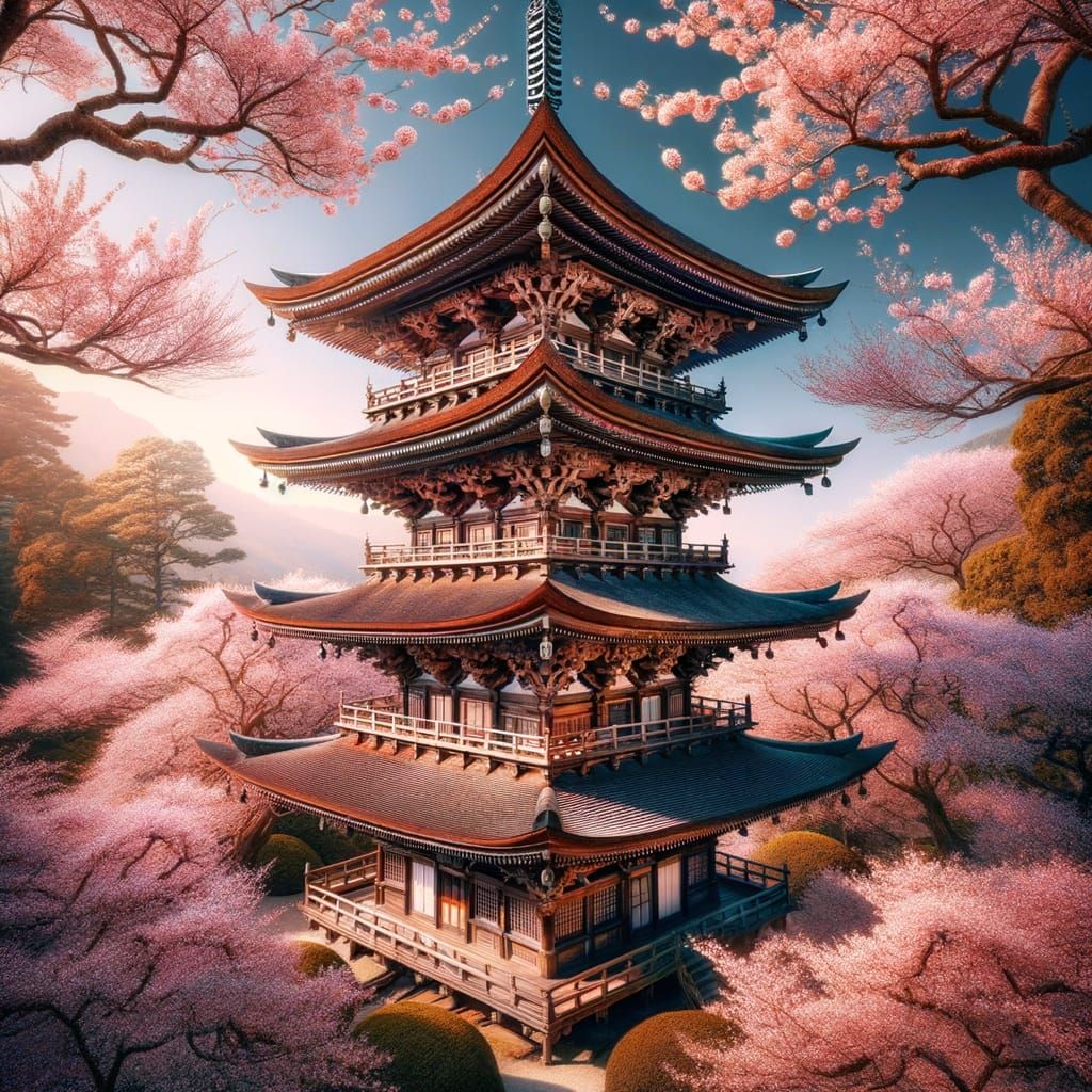 Pagoda in Blossoming Cherry Garden
