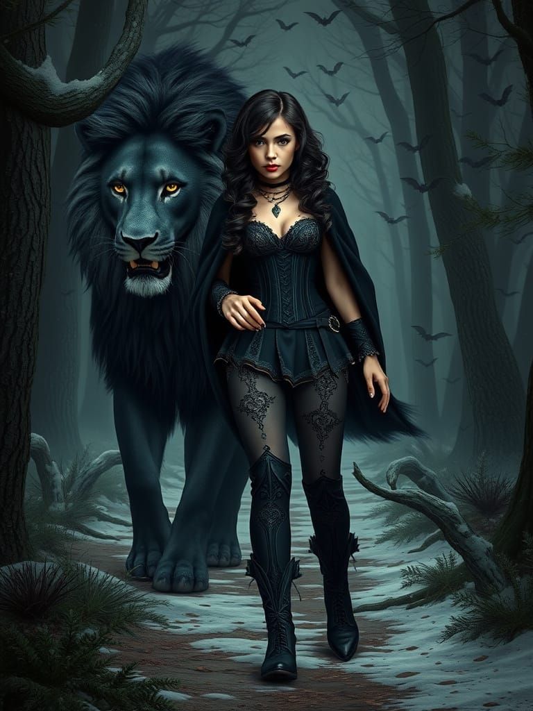 Vampirella and Black Lion in Snowy Forest