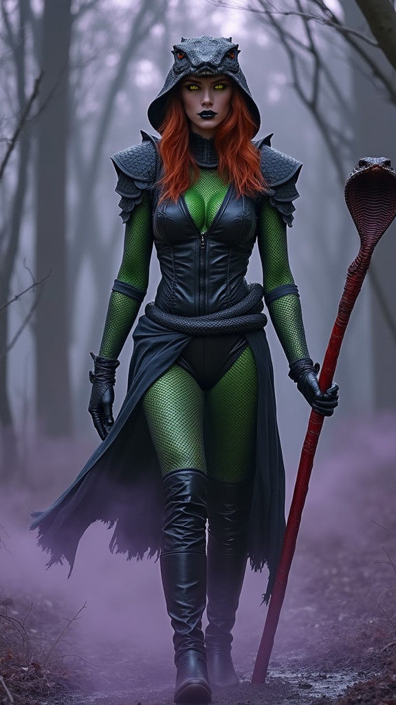 Scaled Woman with Cobra Staff in Misty Swamp