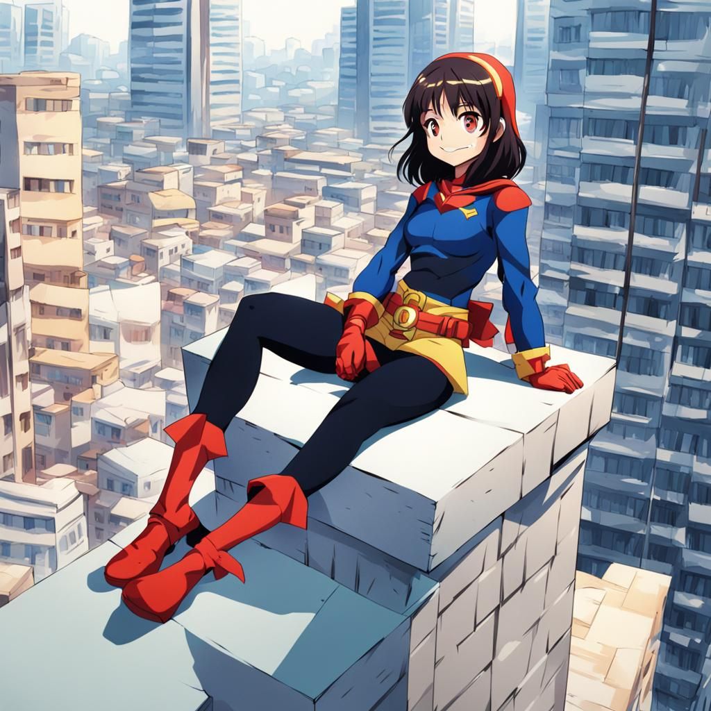 Anime Superheroine Smiling on Building Ledge