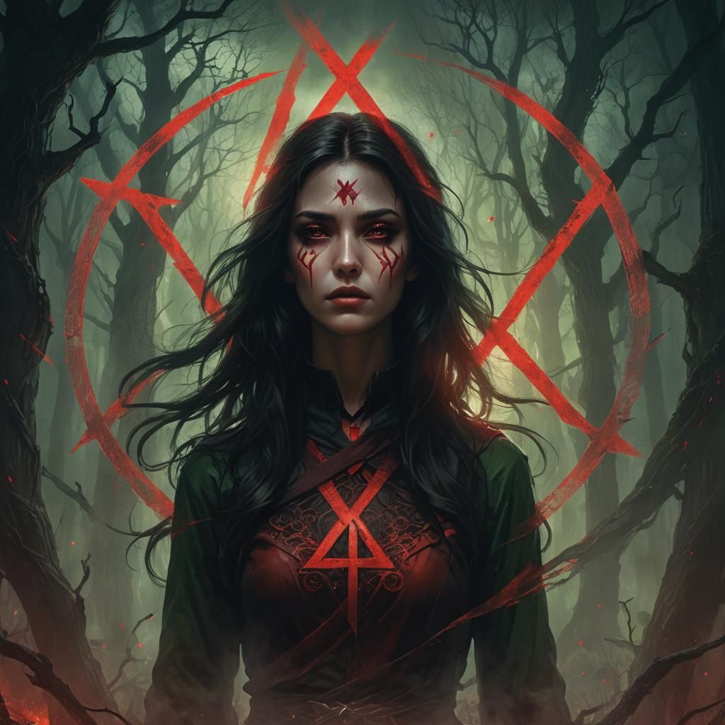 Eerie Dark Fantasy Portrait with Red 'X' Aura