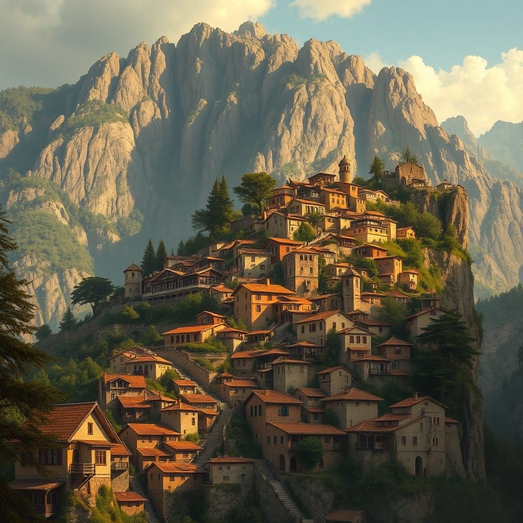Mountain Village Cascade in Atmospheric Matte Painting Style