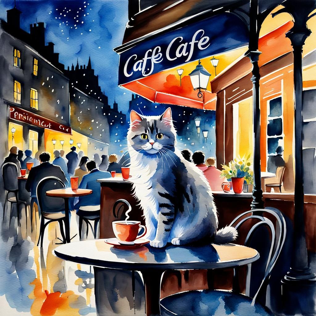Night Cafe Scene with Cat in Watercolor Style