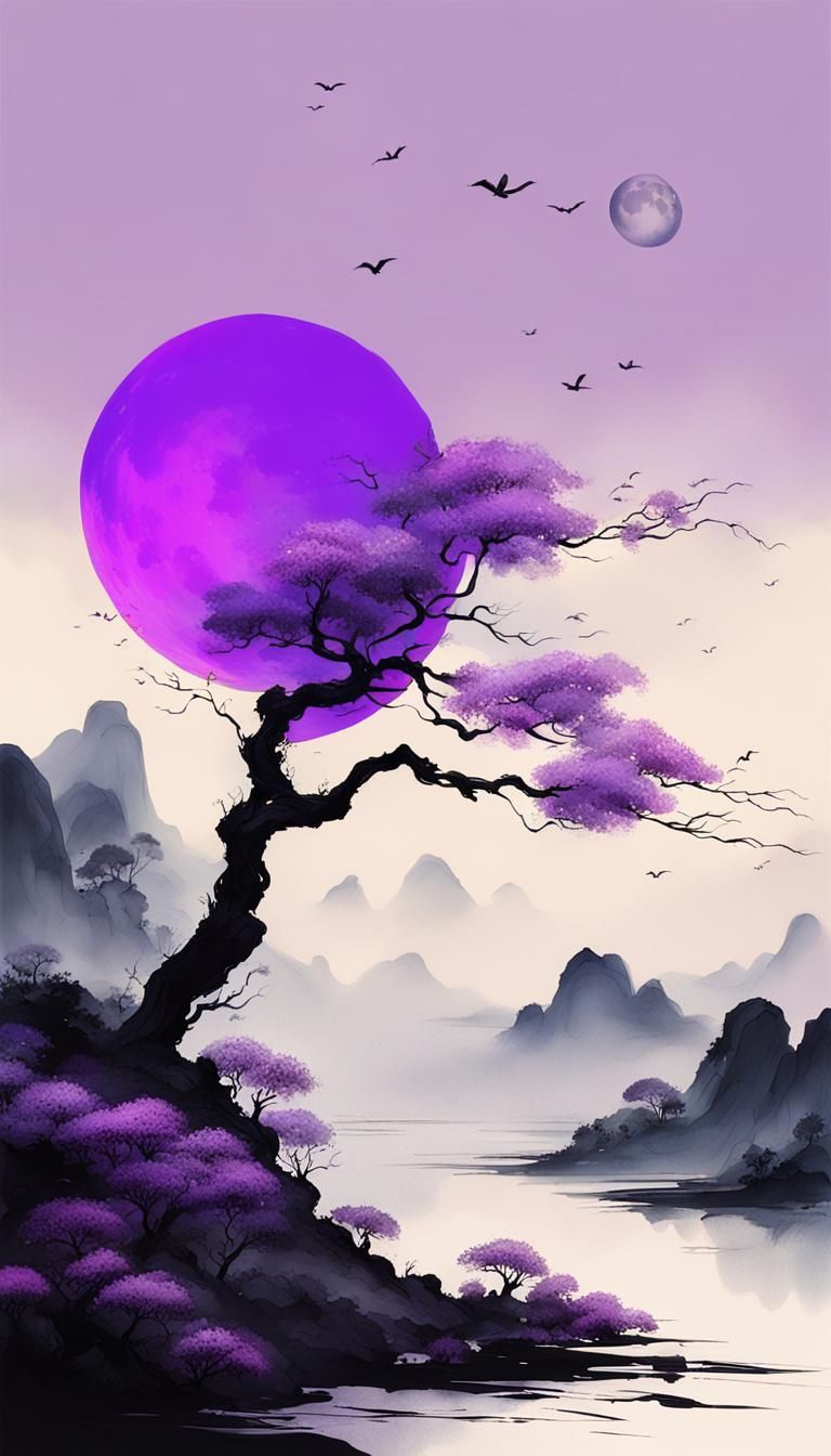 Minimalist Chinese Ink Painting: Purple Moonlit Landscape