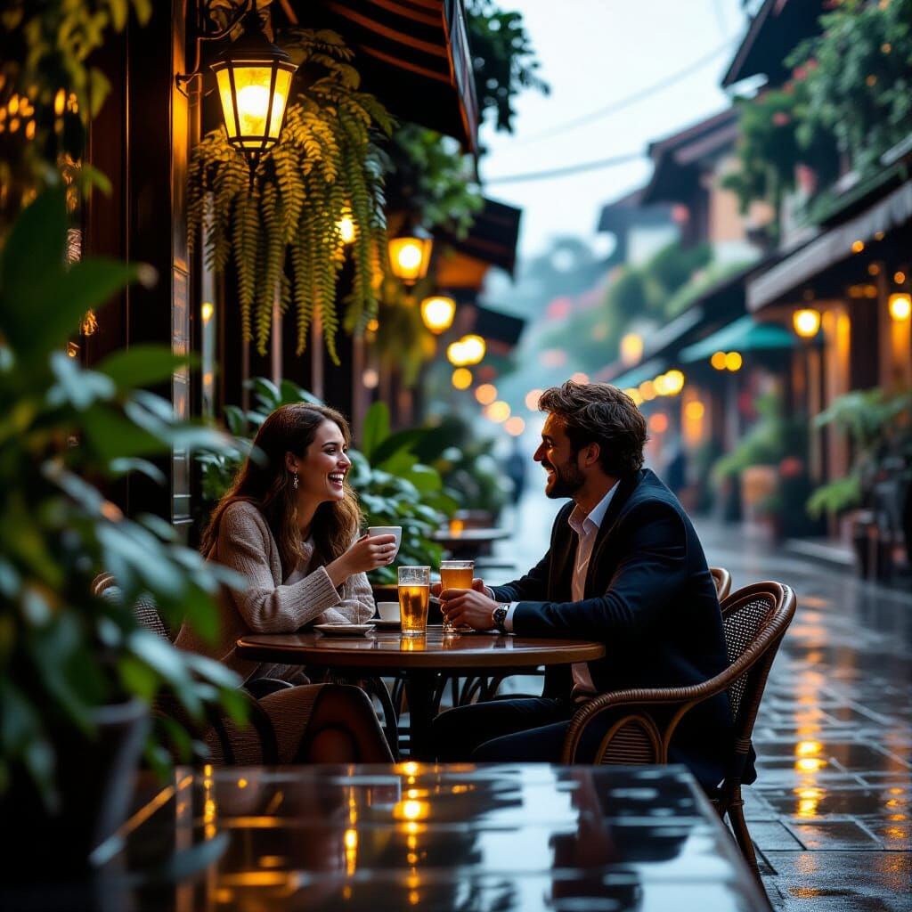 Cafe Romance in Rainy Vientiane at Golden Hour