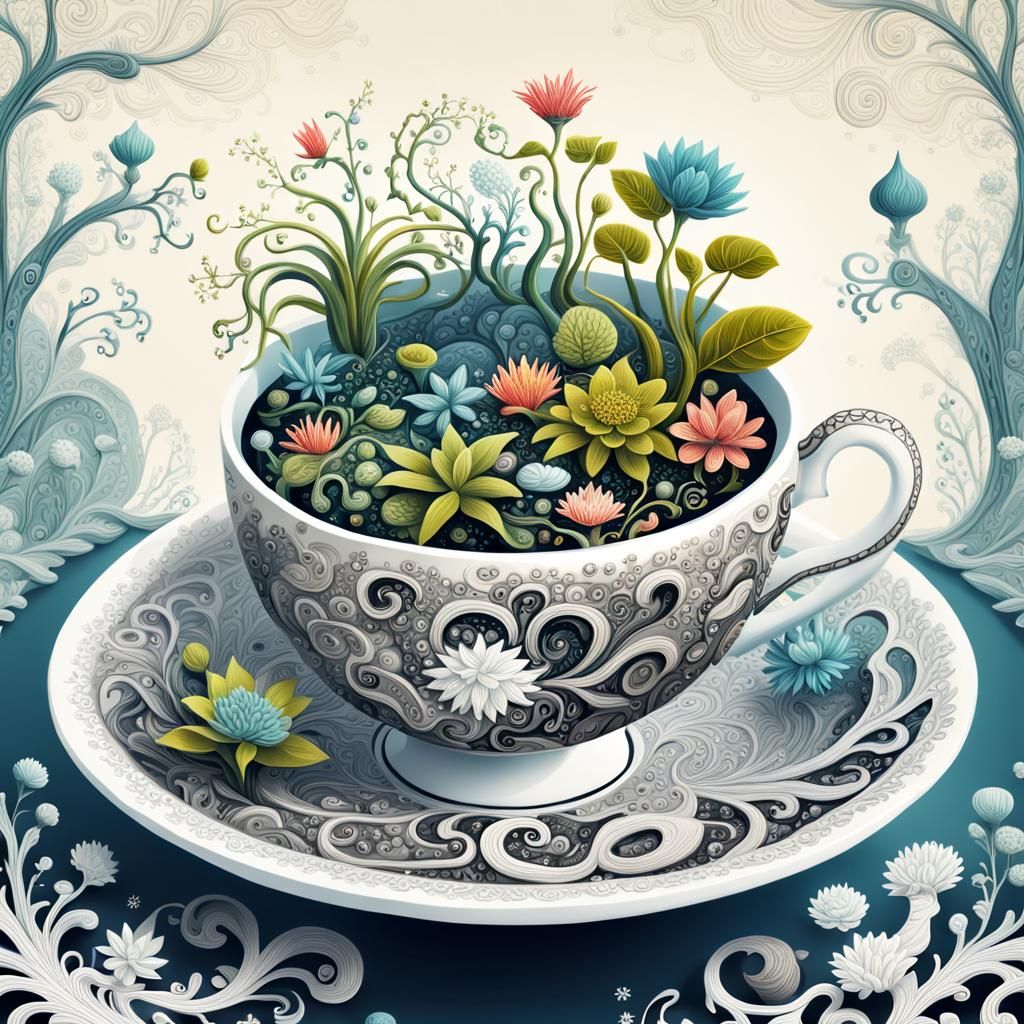 Thriving Miniature Ecosystem on Teacup, Bio-Mechanical Art