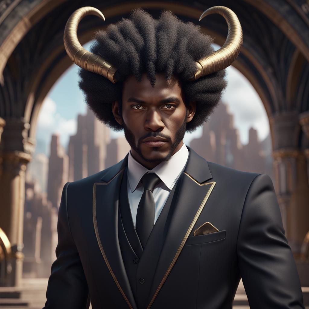 Fantastical Black Man with Horns, Detailed Digital Art